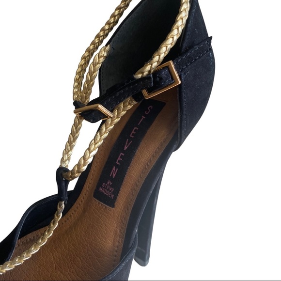 Steven by Steve Madden adalyn leather peep toe platform heels black gold size 7 - Picture 5 of 7